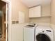 Convenient laundry room with washer, dryer, and storage cabinets above at 1215 Brookgreen Dr, Cary, NC 27511
