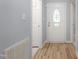 Bright hallway features wood floors and a white front door with glass accents at 1510 Bungalow Ave, Durham, NC 27703