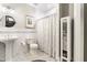 Classic bathroom with white subway tiles, pedestal sink, and decorative mosaic tile flooring at 1535 Caraleigh Mills Ct # 111, Raleigh, NC 27603