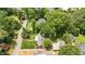 Aerial shot showcasing a well-maintained home with a verdant lawn, quaint street, and mature shade trees surrounding the property at 2608 York Rd, Raleigh, NC 27608