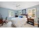 Bright bedroom featuring light blue walls, white trim, a ceiling fan, and windows with plantation shutters at 2608 York Rd, Raleigh, NC 27608