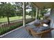Covered outdoor patio with chairs and golf course views at 2800 Charleston Oaks Dr, Raleigh, NC 27614