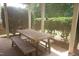 Enjoyable outdoor dining space with wood table and benches under covered patio at 309 Forest Haven Drive Dr, Holly Springs, NC 27540