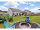 Private backyard featuring a fire pit, outdoor seating, a lush lawn, and a well-manicured garden area at 40 Bourne Dr, Franklinton, NC 27525