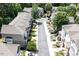 Aerial perspective of a residential neighborhood showcasing well-maintained townhouses, trees, and manicured streets at 5113 Lady Of The Lake Dr, Raleigh, NC 27612