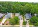 Aerial shot of a residential neighborhood featuring well-maintained homes, mature trees, and lush landscaping at 6104 New Market Way, Raleigh, NC 27609