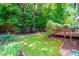 Picturesque backyard with a wooden deck surrounded by lush greenery and landscaping at 6104 New Market Way, Raleigh, NC 27609
