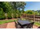 Charming backyard with a brick patio dining set, surrounded by lush greenery and a privacy fence at 911 Canterbury Rd, Raleigh, NC 27607