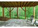 Relaxing under-deck patio area with stone pavers, swing chair, and wooded views at 112 Hidden Bluff Ln, Cary, NC 27513