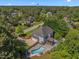 Aerial view of a home with a pool, screened porch and wooded surroundings at 1420 Norwood Crest Ct, Raleigh, NC 27614