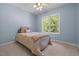 Bedroom features light blue walls, carpet and a window overlooking the yard at 1420 Norwood Crest Ct, Raleigh, NC 27614