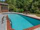 Sparkling pool with brick coping, metal ladder, and picnic table situated in a lush backyard at 1420 Norwood Crest Ct, Raleigh, NC 27614