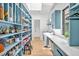 Well-organized pantry with custom blue shelving, ample storage space, and integrated laundry area at 295 Lystra Preserve Dr, Chapel Hill, NC 27517
