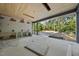 Covered patio under construction with a wood ceiling, wet bar area and a concrete pool surround with views of the wooded backyard at 5013 Coronado, Raleigh, NC 27609