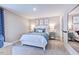 Stylish bedroom with white bed, blue accents, neutral walls, and a dance barre on the wall at 673 Sun Meadow Dr, Wake Forest, NC 27587