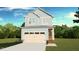 Charming two-story home featuring light blue siding, a two-car garage, and a well-manicured lawn at 6782 Calais Dr, Durham, NC 27712