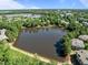 Expansive aerial view showcasing the community lake and neighborhood from a distance at 8231 Allyns Landing Way # 101, Raleigh, NC 27615