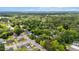 Wide aerial shot shows a neighborhood with mature trees and diverse homes under a clear sky at 830 S Chestnut St, Henderson, NC 27536