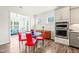 Bright dining area with a glass table, red chairs, hardwood floors, and stainless steel appliances at 104 Spindle Dr, Durham, NC 27703
