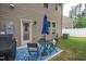 Outdoor patio featuring a bistro set with umbrella, patterned rug, grill, and fenced yard at 1048 Flagler St, Durham, NC 27713
