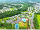 Expansive aerial view highlighting community amenities, tree-lined streets, and the surrounding residential area at 110 Elmsford St, Durham, NC 27707