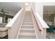 Carpeted staircase with wood handrail leading to the upper level at 110 Elmsford St, Durham, NC 27707