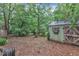 Backyard with a storage shed nestled among lush greenery, offering both utility and natural beauty at 1311 Theodore Ln, Durham, NC 27703