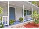 Charming front porch with a blue door, white columns, and potted ferns for a welcoming entryway at 14 Gloucester Ct, Durham, NC 27713
