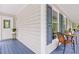 Relaxing porch with blue flooring, comfortable seating and picturesque views of surrounding greenery at 14 Gloucester Ct, Durham, NC 27713