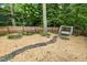 The backyard is wood-chipped and features a bench swing beneath the shade of a tree at 1420 Seabrook Ave, Cary, NC 27511