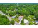 Wide aerial view of a tree-lined neighborhood showing mature landscaping, quiet streets, and a water tower in the distance at 18 W Academy St, Wendell, NC 27591