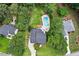 Aerial view of a landscaped home, showcasing the pool, surrounding green space, and neighborhood at 1817 Foxbrook Dr, Raleigh, NC 27603