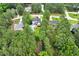Wide aerial view of residential neighborhood with large lots, mature trees, and well-maintained yards at 1817 Foxbrook Dr, Raleigh, NC 27603