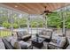 Screened porch with comfortable seating, overlooking the pool and the backyard at 1817 Foxbrook Dr, Raleigh, NC 27603