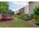Green backyard with trampoline, garden, and fence at 1939 Mostyn Ln, Apex, NC 27502