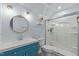 Charming bathroom featuring a vanity, commode, and modern glass shower at 1939 Mostyn Ln, Apex, NC 27502