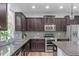 This kitchen features stainless steel appliances, granite countertops, and stylish backsplash at 1939 Mostyn Ln, Apex, NC 27502