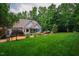 Spacious backyard featuring a well-manicured lawn, patio area, and mature trees at 201 Margaret Mann Way, Pittsboro, NC 27312