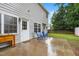 View of backyard featuring a concrete patio and blue Adirondack chairs at 202 Stonecreek Dr, Apex, NC 27539