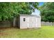 Backyard features a storage shed, surrounded by trees, and a wooden fence at 202 Stonecreek Dr, Apex, NC 27539