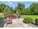 Backyard stone patio featuring fireplace, comfortable seating, and lush green landscaping at 2538 Tuffeto, Apex, NC 27502