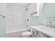 Updated bathroom featuring shower and bath combination with large vanity with marble countertop at 2606 Sherbrooke Dr, Durham, NC 27712