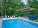 Inviting pool and outdoor kitchen area surrounded by lush landscaping and mature trees at 3910 Somerset Dr, Durham, NC 27707