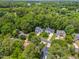 Aerial view showcasing a neighborhood with tree-lined streets and well-maintained homes at 4705 Royal Troon Dr, Raleigh, NC 27604