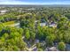 Aerial view of a community featuring a lake, a pool area, and homes nestled among mature trees at 4705 Royal Troon Dr, Raleigh, NC 27604