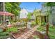 Charming backyard oasis with stone pathways, lush gardens, mature trees, and a cozy seating area at 4705 Royal Troon Dr, Raleigh, NC 27604