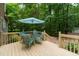 Back deck features outdoor seating with table and chairs with an umbrella at 4710 Rollingwood Dr, Durham, NC 27713