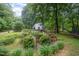Expansive backyard with lush greenery, manicured landscaping, a garden, and a charming two-story home in the background at 4777 Helena Moriah Rd, Rougemont, NC 27572