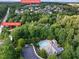 Aerial view of neighborhood amenities including community pool, Crabtree Creek Trail, and nearby homes at 5100 Schellinger, Raleigh, NC 27612