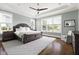 Primary bedroom with tray ceilings, hardwood floors, neutral paint, and large windows providing lots of natural light at 5100 Schellinger, Raleigh, NC 27612
